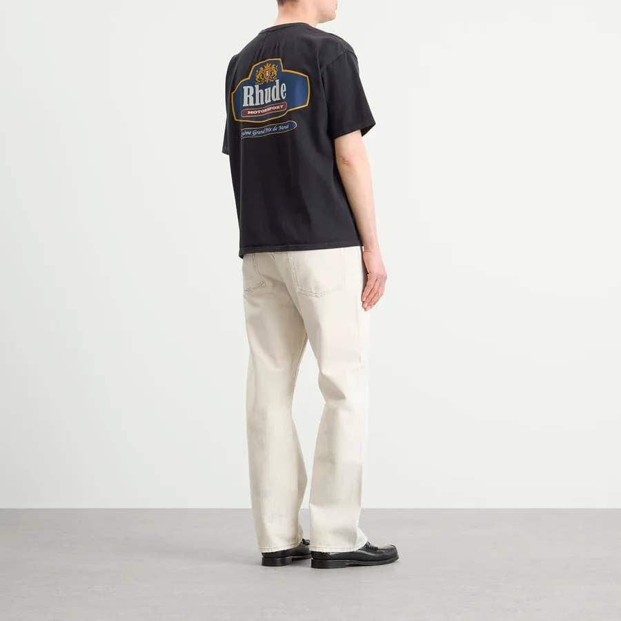 Racing Crest T-Shirt — Vintage Black/ Navy — on model