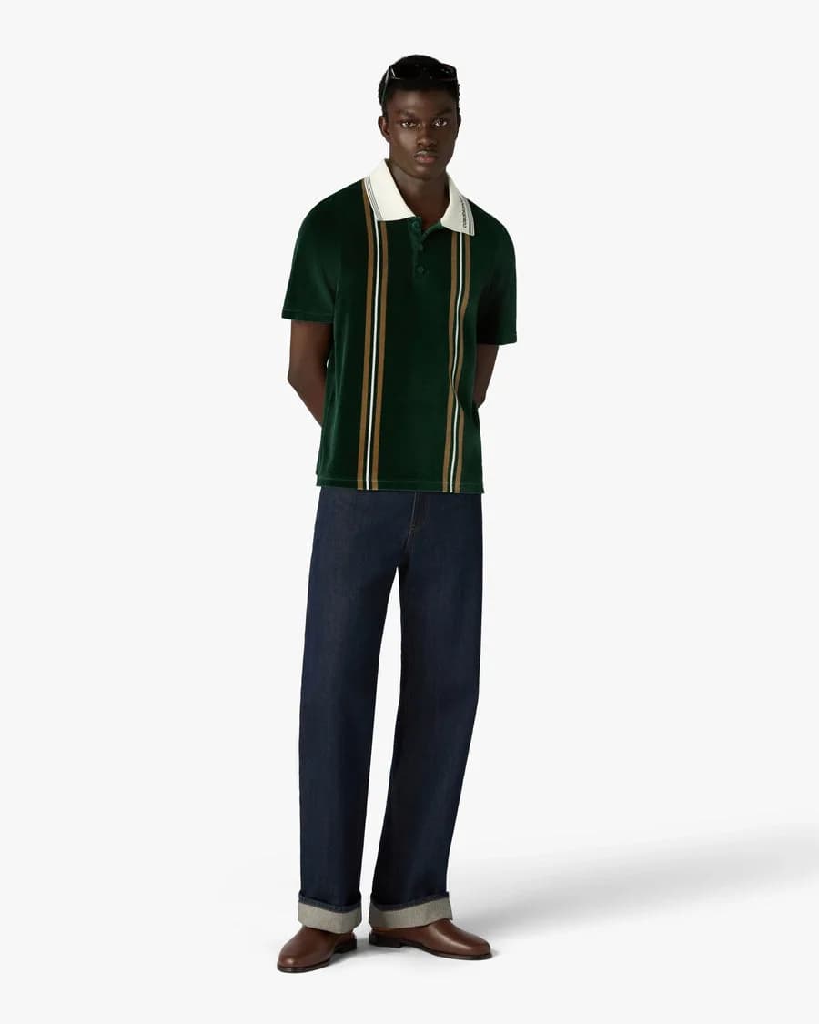 Green & Brown Stripe Velour Short Sleeve Polo Shirt — on model