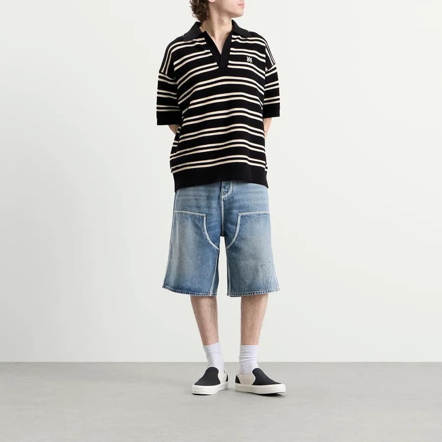 MA Stripe Knit Polo — Black — on model