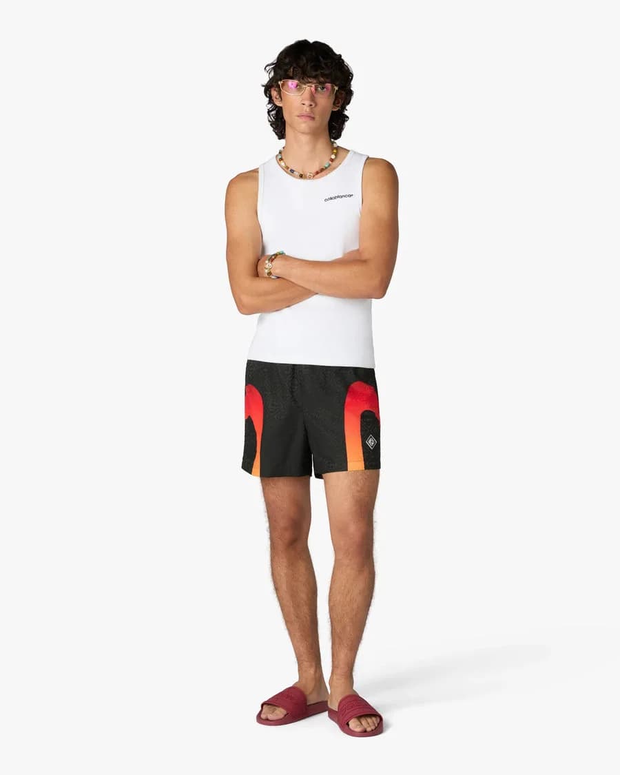 Black & Orange Gradient Jacquard Swim Shorts — on model