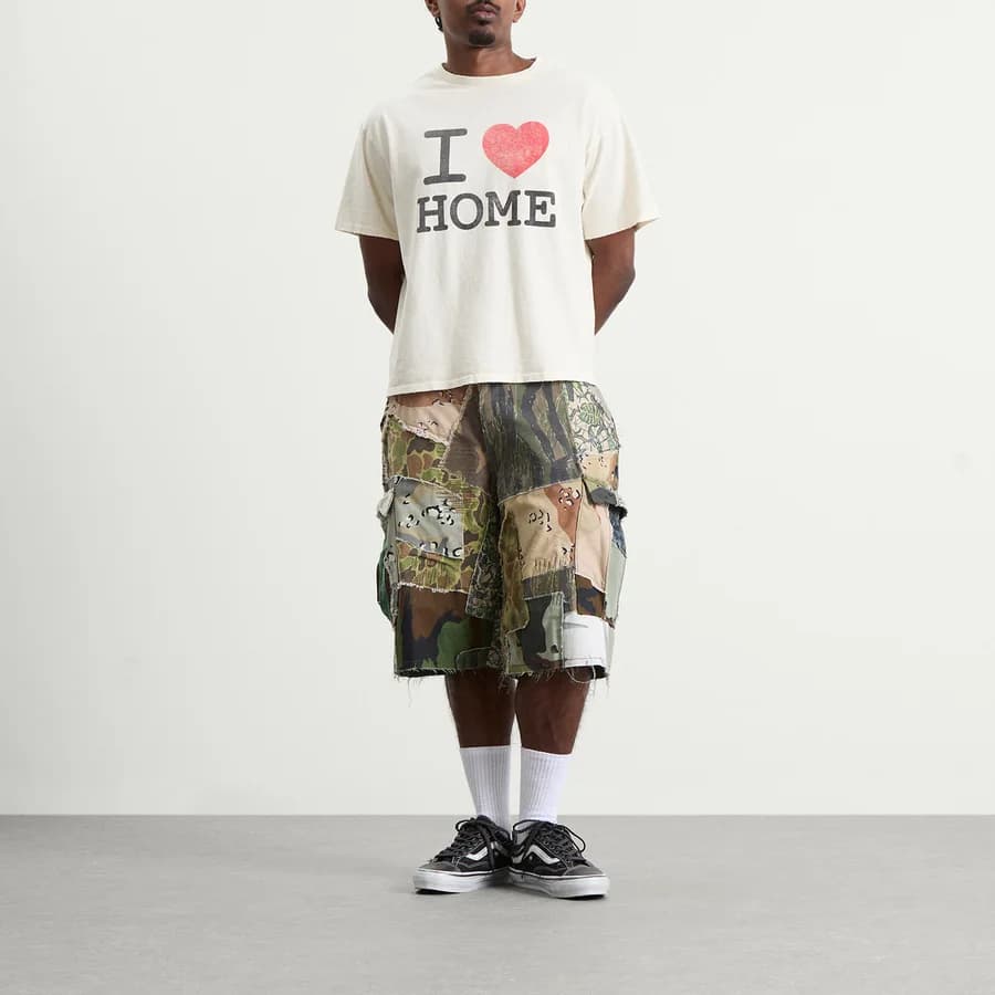 Retouche Camo Patchwork Kenzie Shorts — Mixed Camo — on model