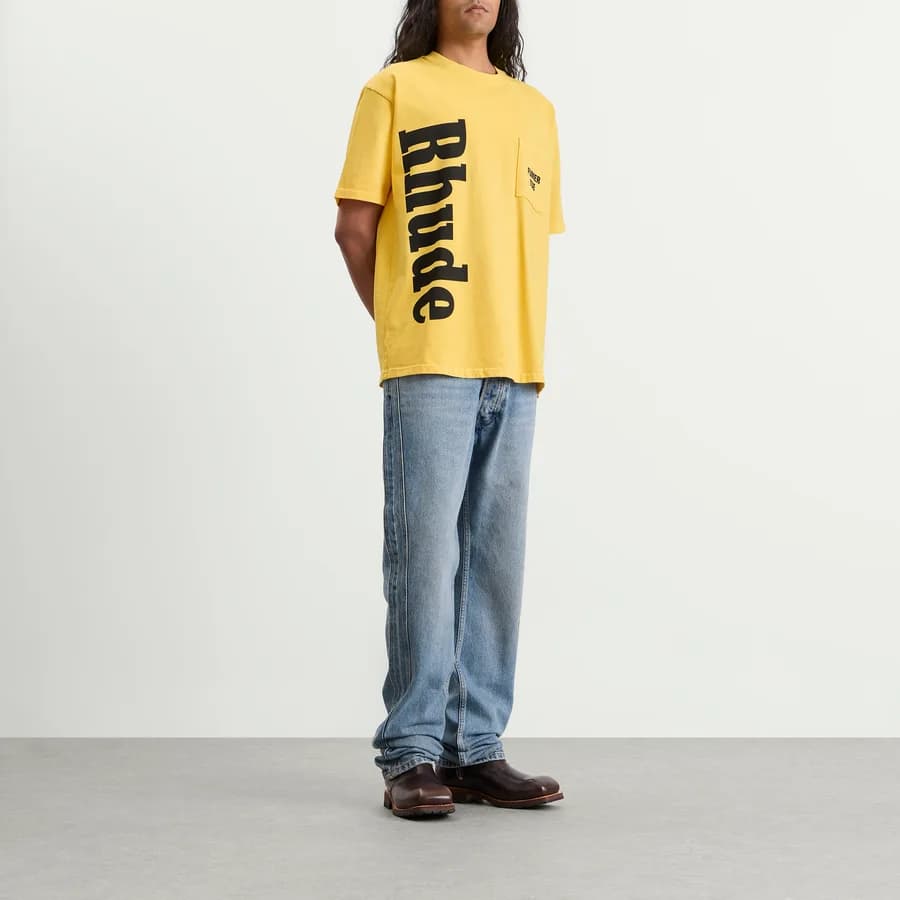 Logo Pocket T-Shirt — Washed Sahara Yellow / Black — on model
