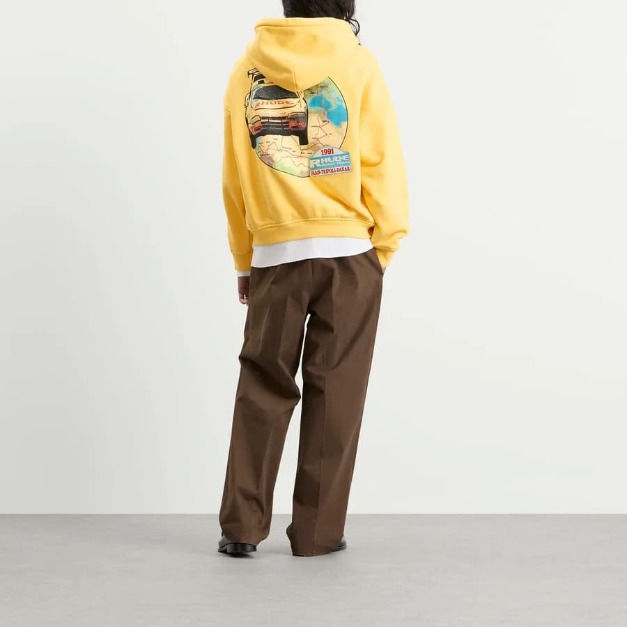 Tripoli Rally Team Zip-Up Hoodie — Washed Sahara Yellow / Blue — on model