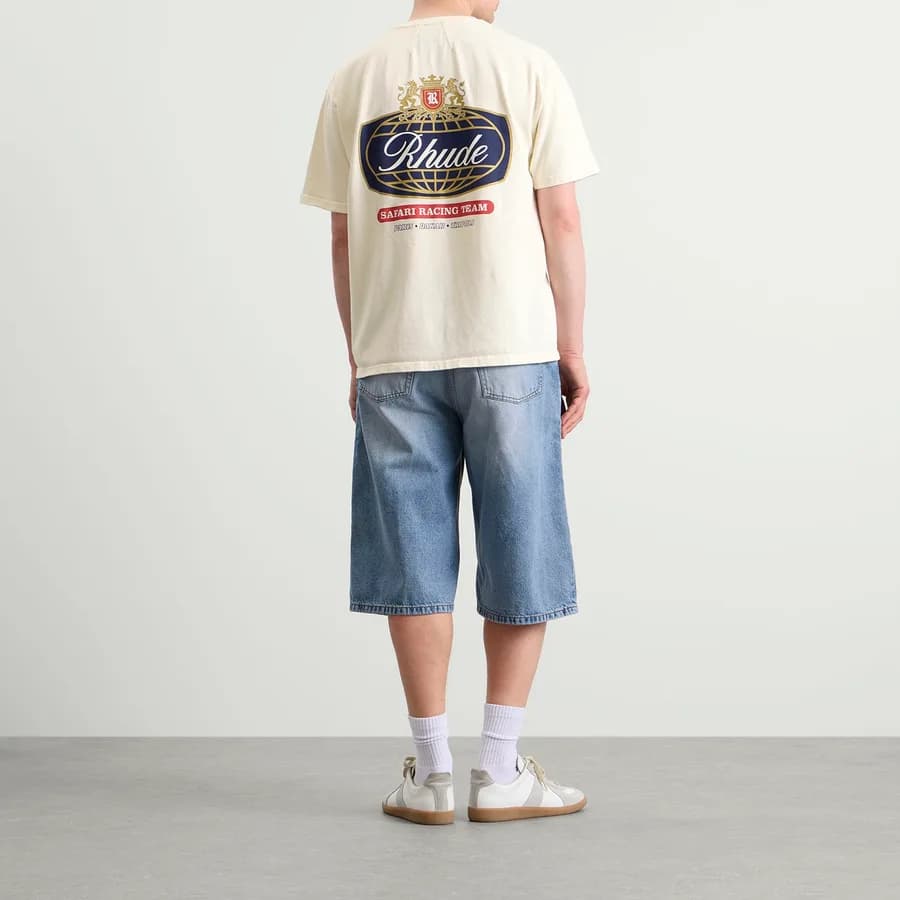 Safari Crest T-Shirt — Vintage White, Blue & Red — on model
