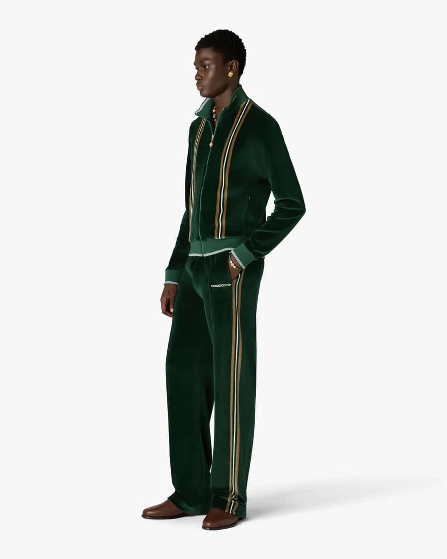 Green & Brown Stripe Velour Track Pants — on model