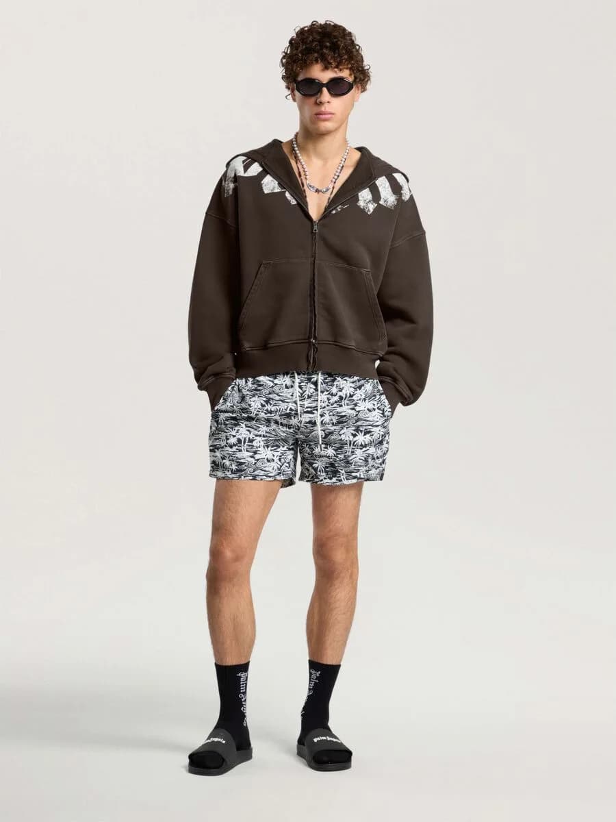 Big Neck Logo Zip Loose Hoodie - Brown/Off White — on model