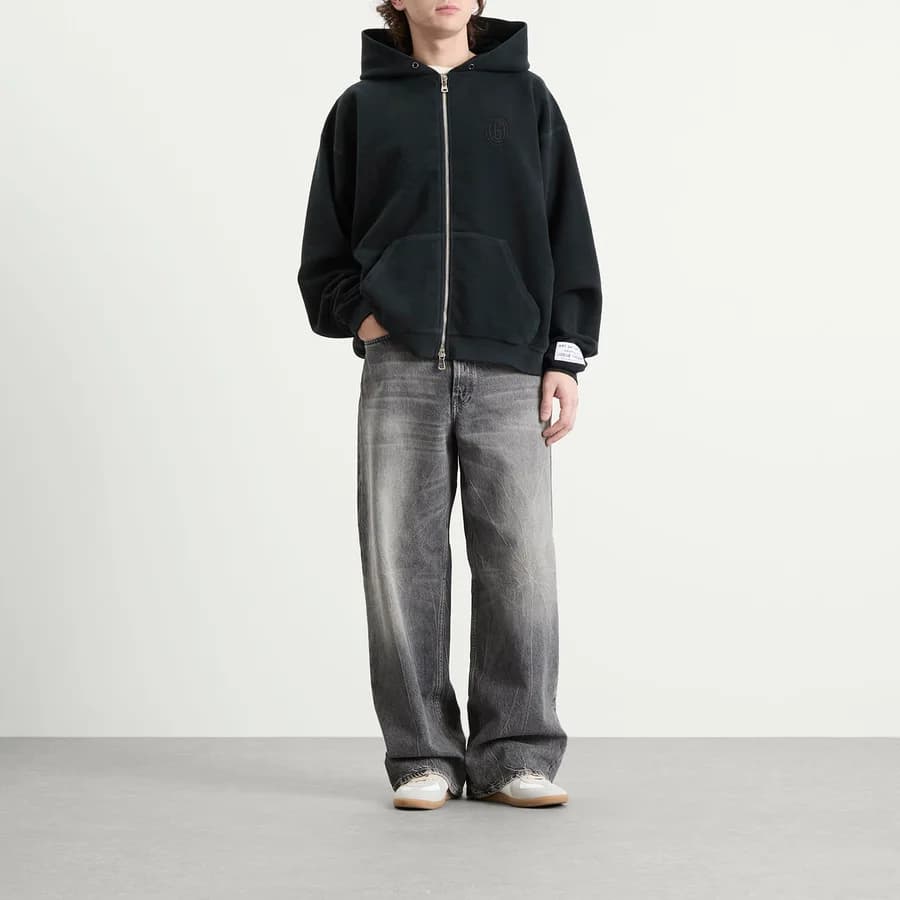 Gallery Dept Deluxe Full Zip Hoodie — Washed Black — on model