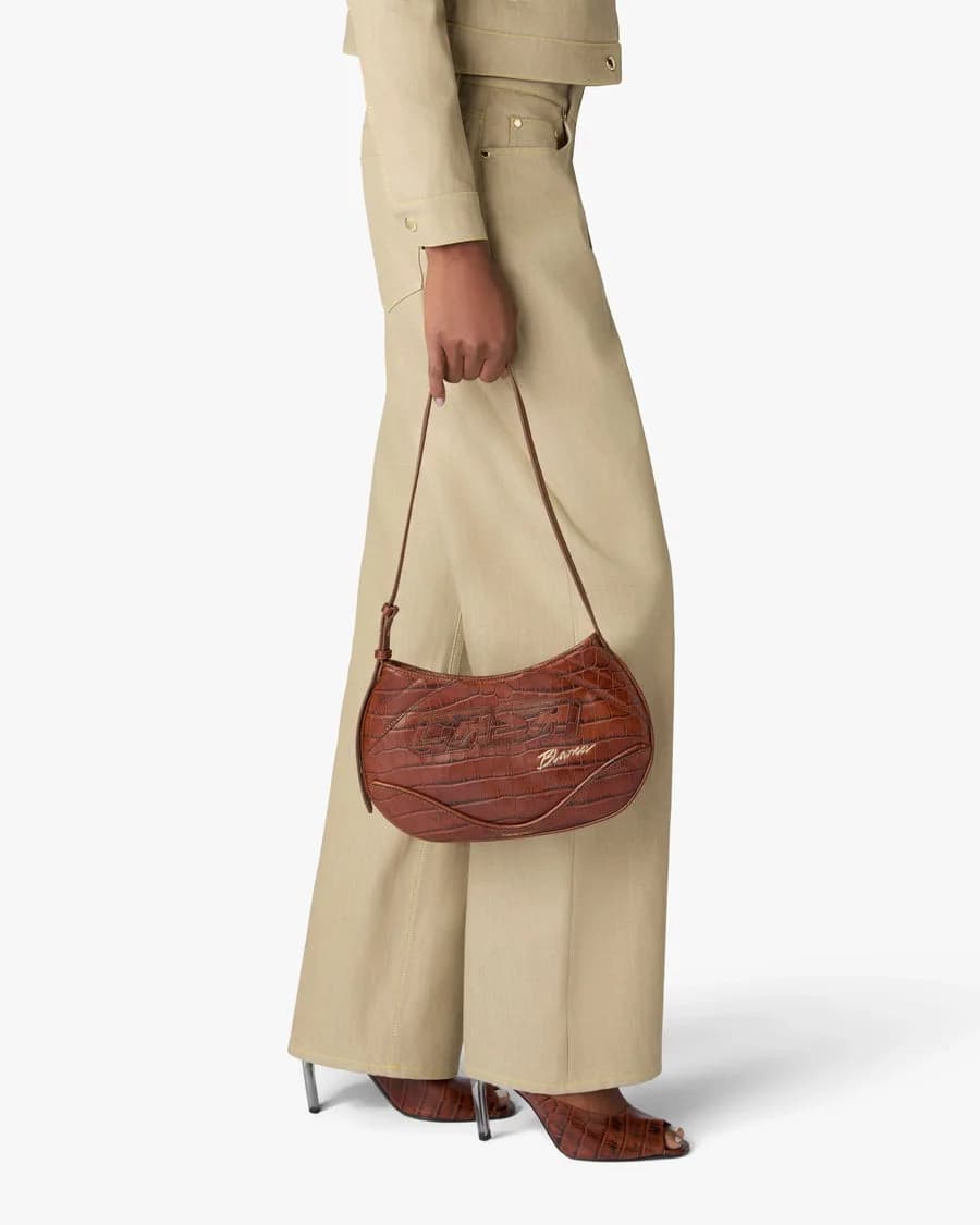 Brown Slim Biker Bag — on model