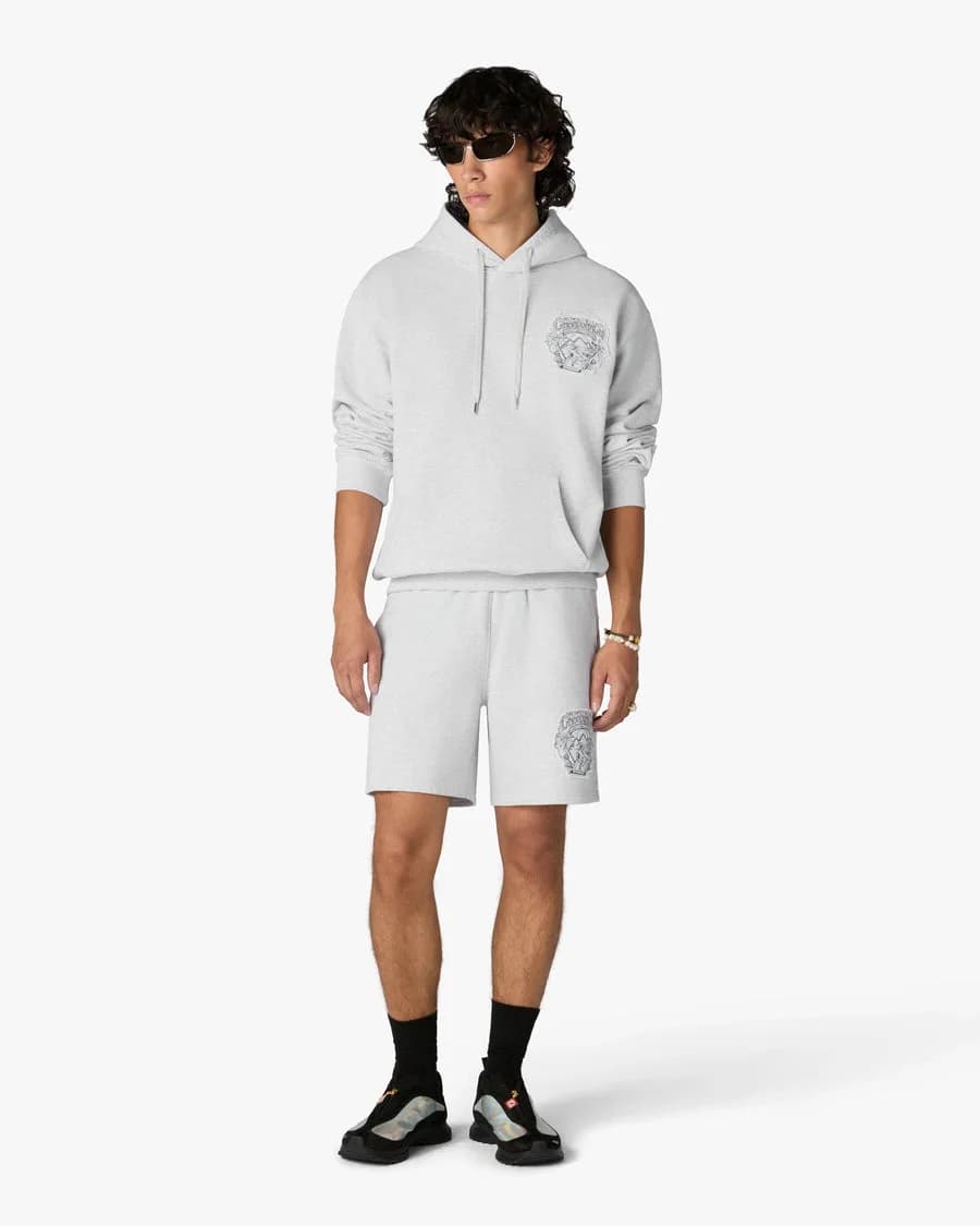 Grey Eveil Ancestral Applique Hooded Sweatshirt — on model