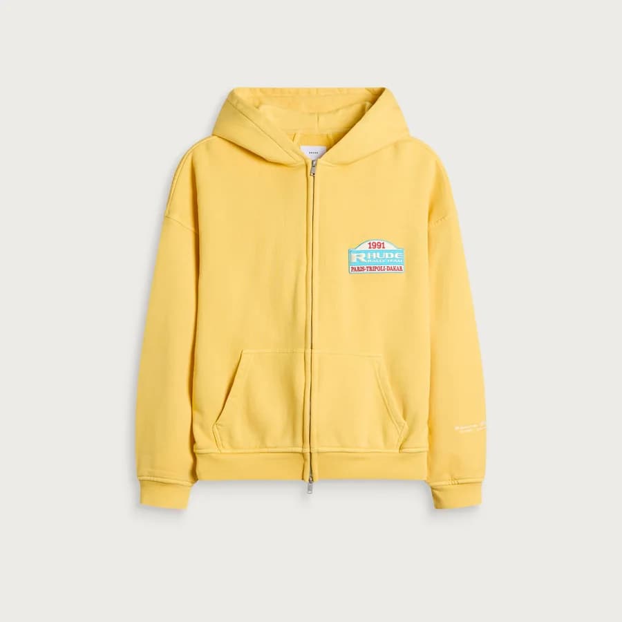 Rhude — Tripoli Rally Team Zip-Up Hoodie — Washed Sahara Yellow / Blue
