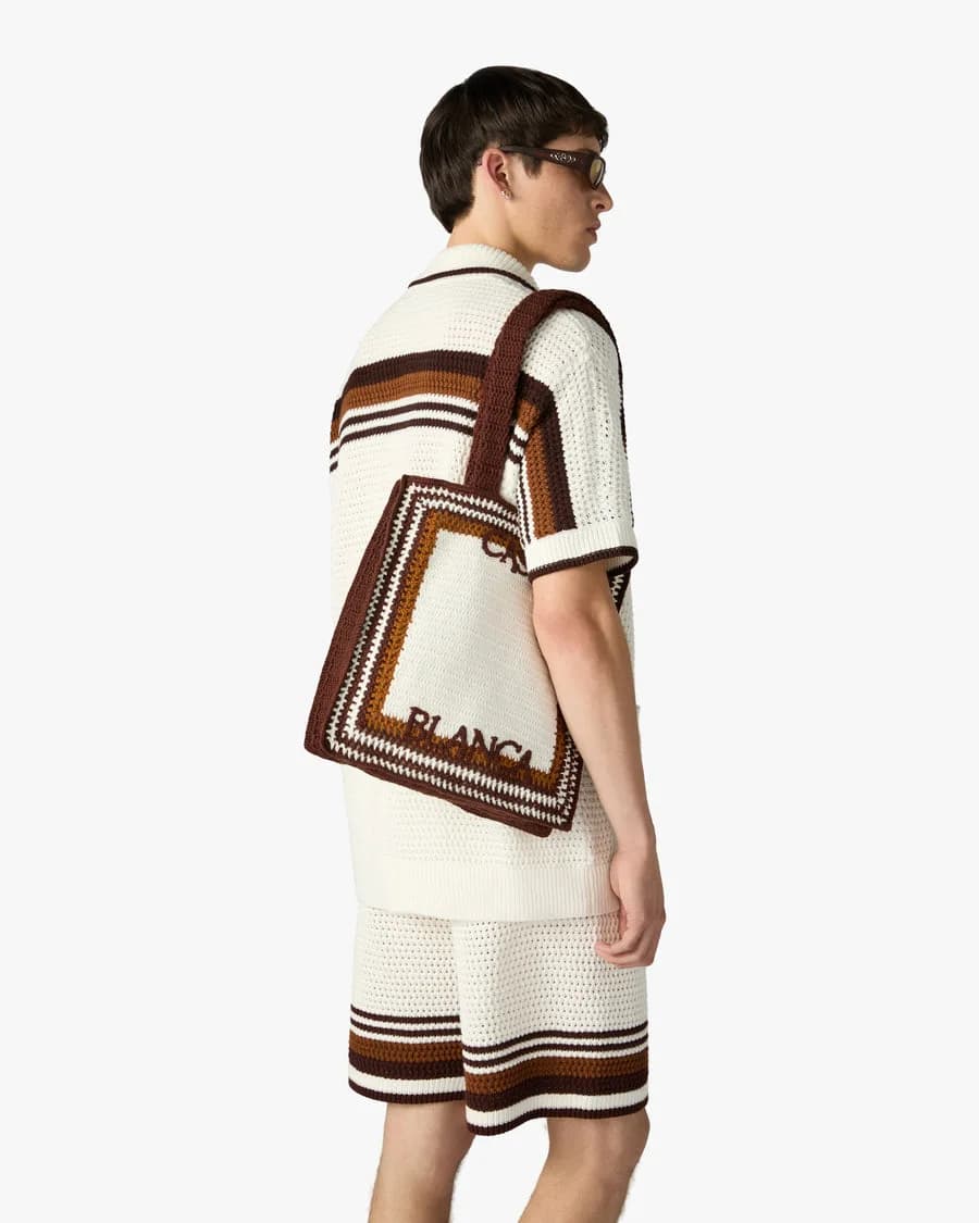 White & Brown Crochet Bag — on model