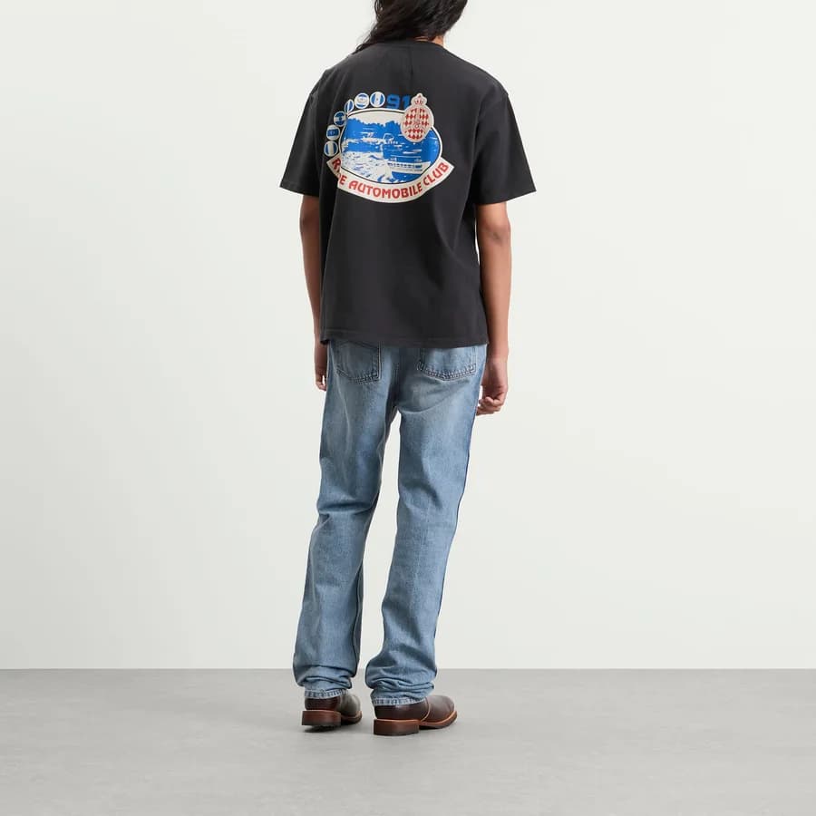 Automobile Club T-Shirt — Vintage Black / Red / Blue — on model