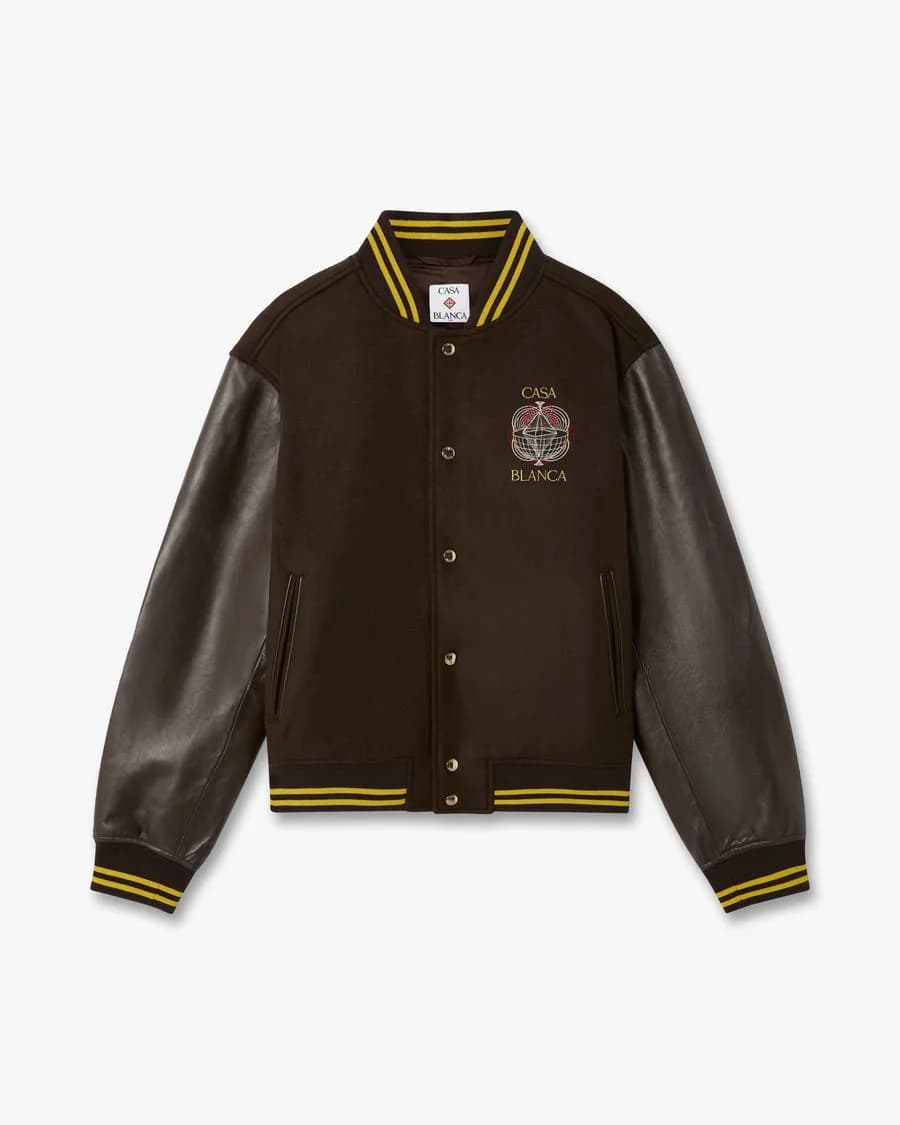 Casablanca — Brown Celestial Pyramid Wool & Leather Varsity Jacket