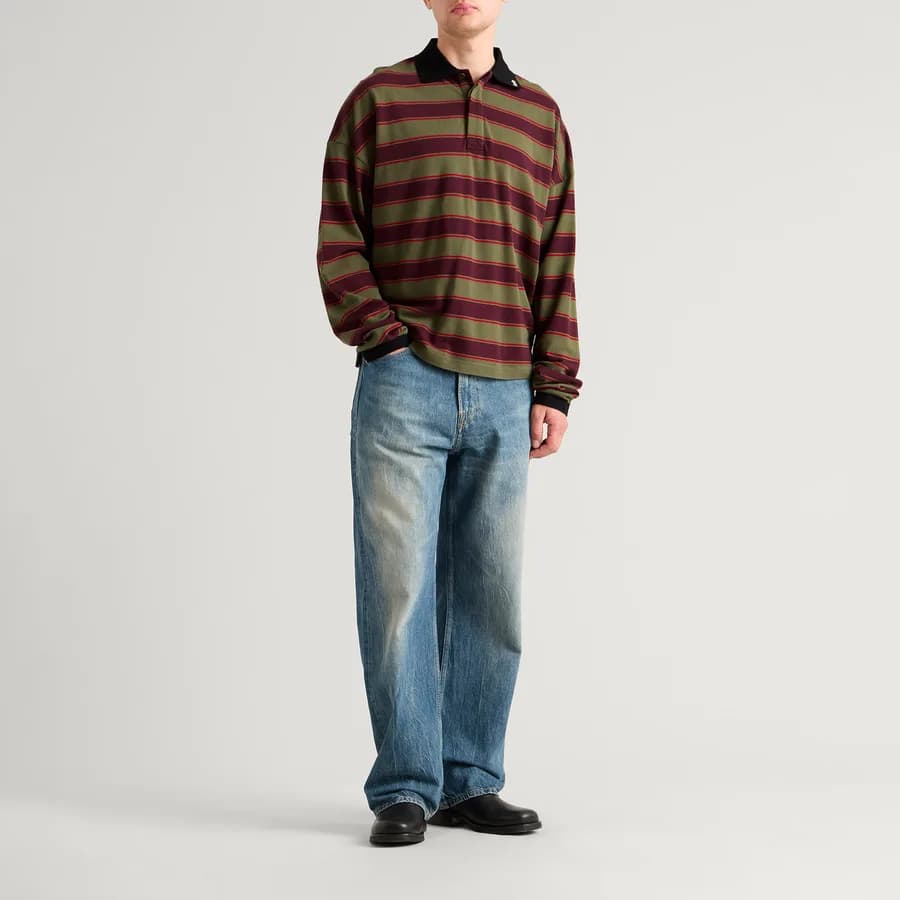 Fontaine Striped Polo Shirt — Bordeaux / Olive Green — on model