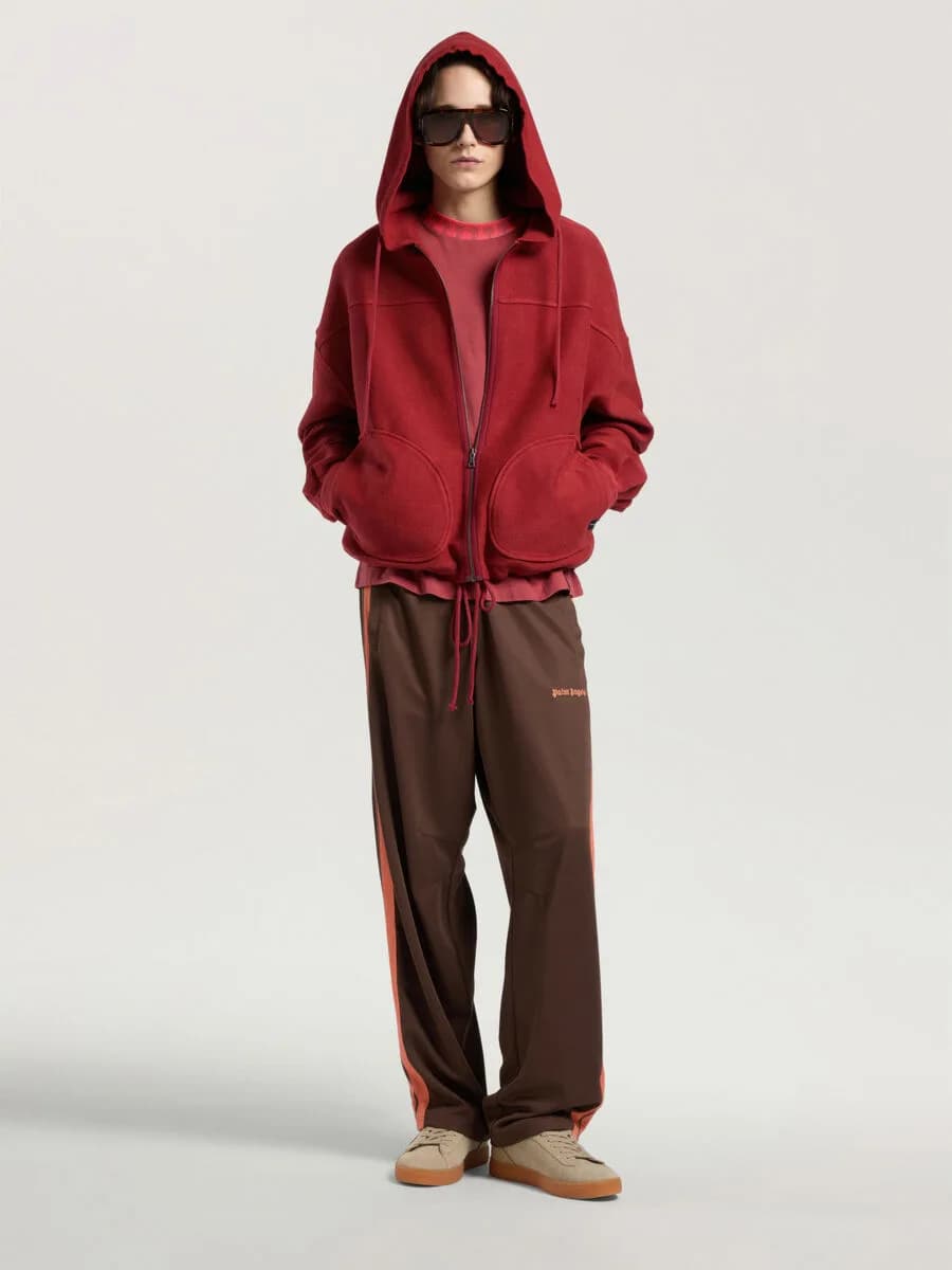 Palm Tree Zip Loose Hoodie in Brick Red - Off White — on model
